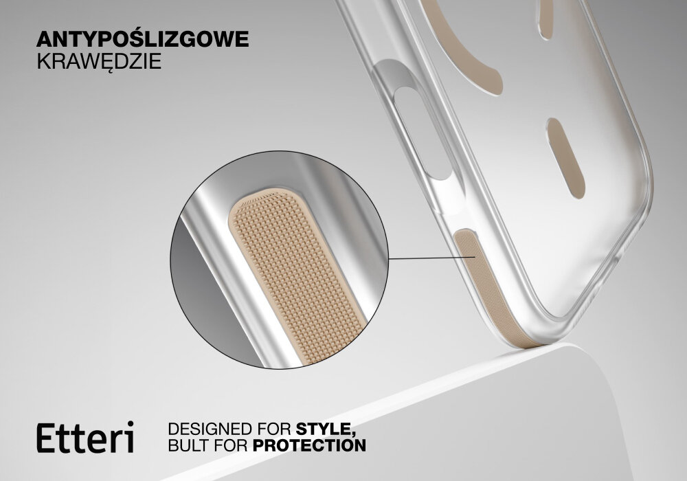 Etui ETTERI Icy Mag do Apple iPhone 17 Pro Max Złoto-przezroczysty, antypoślizg, 2 mm, ochrona, krawędzie, Zbliżenie na krawędź etui Etterii Icy Mag z antypoślizgowym wykończeniem, widoczne powiększenie struktury.