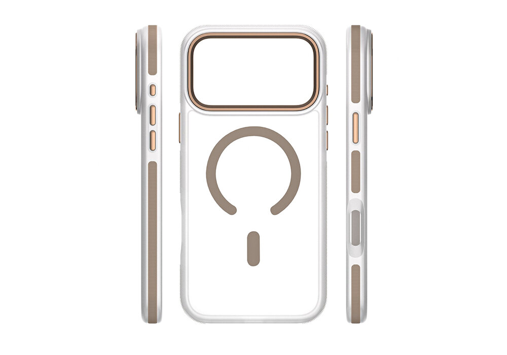 Etui ETTERI Icy Mag do Apple iPhone 17 Pro Max Złoto-przezroczysty, metaliczne, precyzja, podwyższenie, przyciski, Etui Etterii Icy Mag przedstawione z przodu oraz z obu boków – widać przyciski, ranty oraz wycięcie na kamerę.