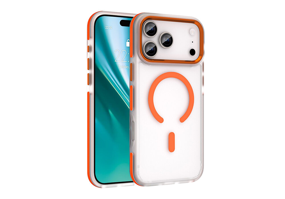 Etui ETTERI Icy Mag do Apple iPhone 17 Pro Pomarańczowo-przezroczysty, obudowa, etui, ochrona, elegancja, Etui Etterii Icy Mag nałożone na iPhone 17 Pro Max – widok przód i tył, matowe przezroczyste plecki, pierścień MagSafe, duże wycięcie na aparaty.