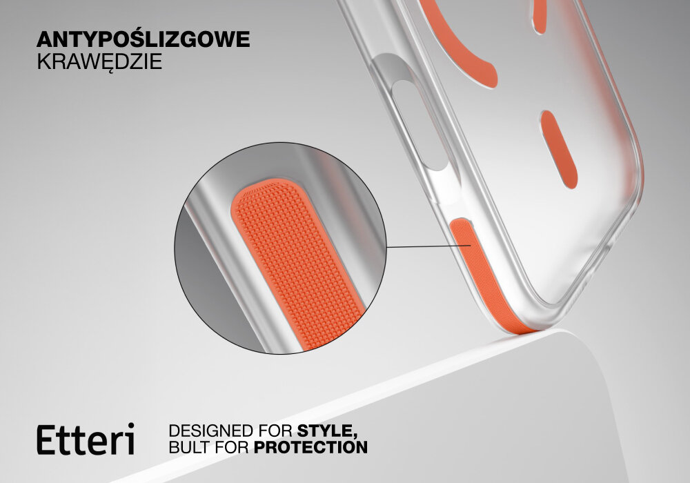 Etui ETTERI Icy Mag do Apple iPhone 17 Pro Pomarańczowo-przezroczysty, antypoślizg, 2 mm, ochrona, krawędzie, Zbliżenie na krawędź etui Etterii Icy Mag z antypoślizgowym wykończeniem, widoczne powiększenie struktury.