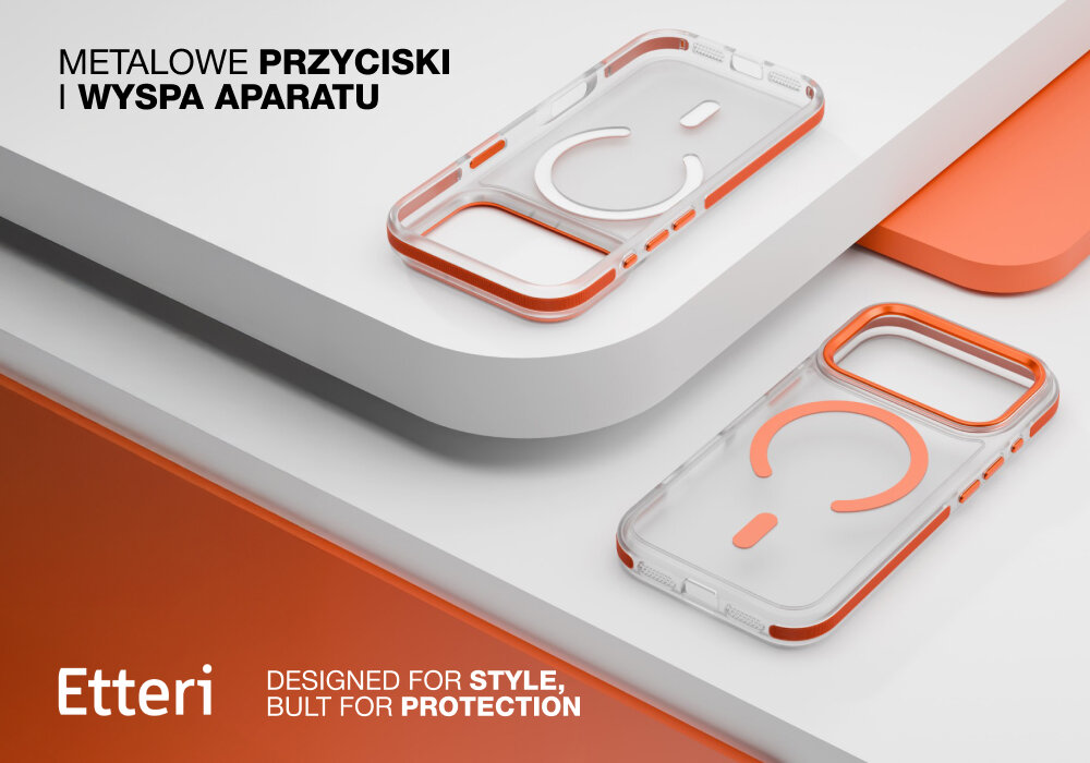 Etui ETTERI Icy Mag do Apple iPhone 17 Pro Pomarańczowo-przezroczysty, MagSafe, magnes, ładowanie, stabilność,  Dwa etui Etterii Icy Mag na różnych płaszczyznach w ekspozycji produktowej, ukazano metalowe przyciski i wyspę aparatu.