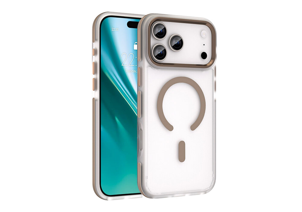 Etui ETTERI Icy Mag do Apple iPhone 17 Pro Złoto-przezroczysty, obudowa, etui, ochrona, elegancja, Etui Etterii Icy Mag nałożone na iPhone 17 Pro Max – widok przód i tył, matowe przezroczyste plecki, pierścień MagSafe, duże wycięcie na aparaty.