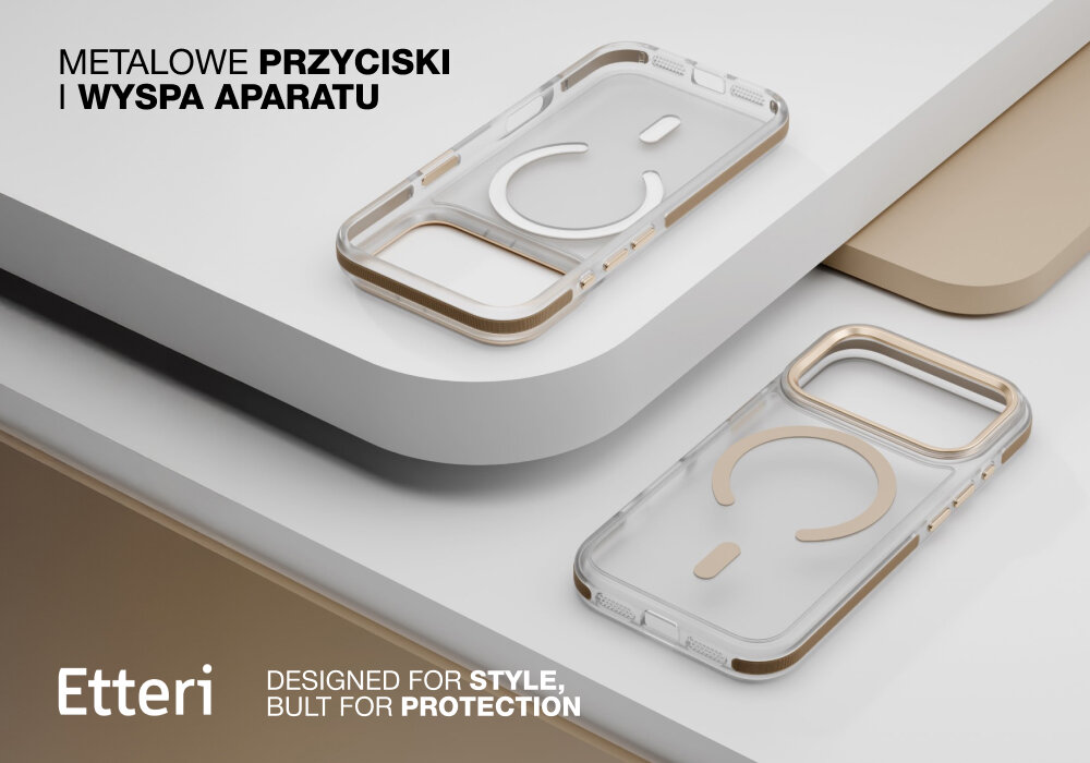 Etui ETTERI Icy Mag do Apple iPhone 17 Pro Złoto-przezroczysty, MagSafe, magnes, ładowanie, stabilność,  Dwa etui Etterii Icy Mag na różnych płaszczyznach w ekspozycji produktowej, ukazano metalowe przyciski i wyspę aparatu.