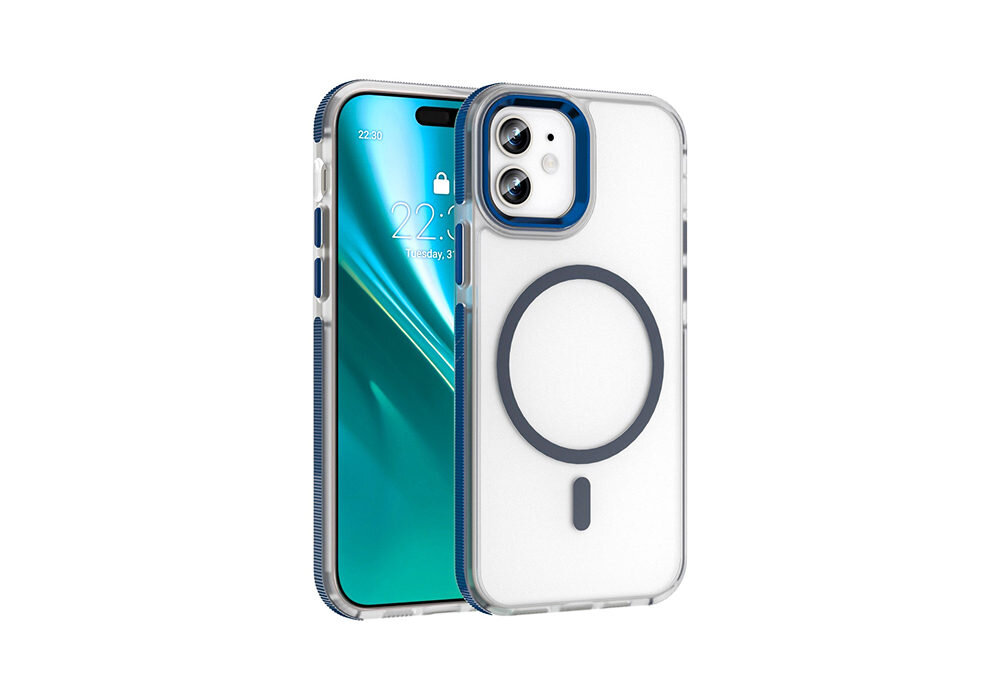 Na obrazie widoczne jest przezroczyste etui z niebieskimi akcentami, przeznaczone dla telefonu Apple iPhone 12/12 Pro. Etui ma okrągły wzór na tylnej części, sugerujący kompatybilność z MagSafe.