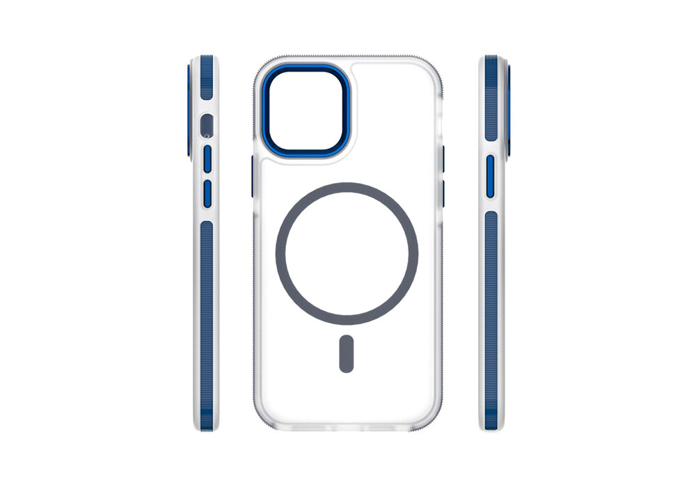 Etui na telefon z przezroczystym tyłem i niebieskimi akcentami, posiada okrągły wzór na środku oraz otwór na aparat. Widoczne są przyciski boczne i wycięcia na porty.