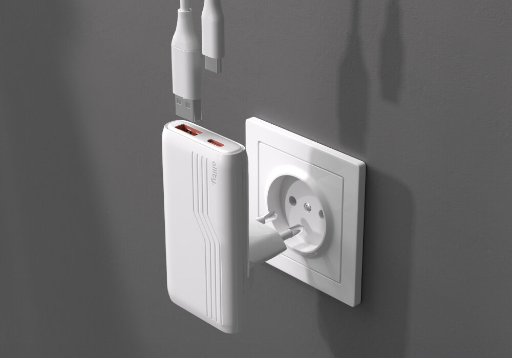 ALLITY ATC-02-65WAC sprzętów mobilnych smartfonów, laptopów, tabletów, słuchawek, głośników utrzymać porządek przy gniazdku wspiera środowisko naturalne - Ładowarka z dwoma złączami, podłączona do gniazdka ściennego i dwoma kablami zasilającymi