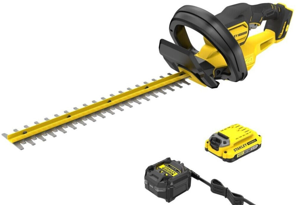Nożyce do żywopłotu STANLEY SFMCHT650D1-QW 500mm 20V akumulatorowe zestaw na białym tle w zestawie akumulator ładowarka dokumentacja