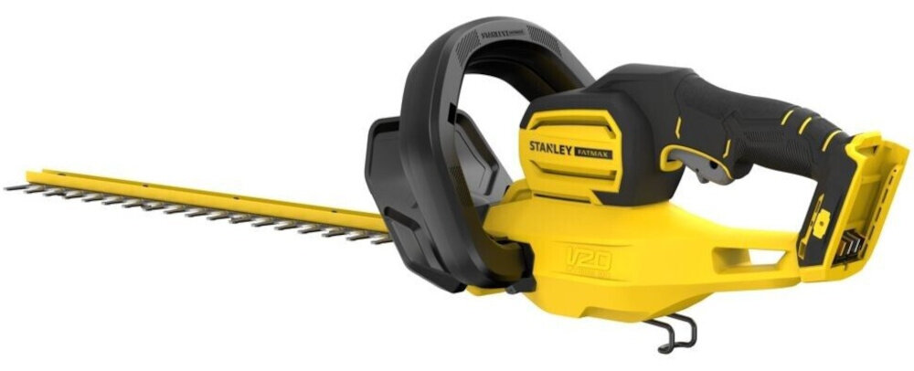 Nożyce do żywopłotu STANLEY SFMCHT650D1-QW 500mm 20V akumulatorowe nożyce na białym tle widoczne od tyłu pod skosem silnik szczotkowy stabilna moc podczas pracy nad żywopłotem narzędzie łatwe w utrzymaniu i przewidywalne w działaniu bez nagłych spadków prędkości cięcia równo i płynnie komfort i efektywność