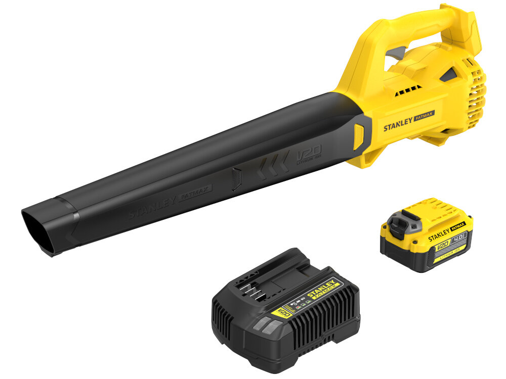 Na obrazie znajduje się żółto-czarna dmuchawa do liści z logo STANLEY, obok której widoczne są akumulator i ładowarka z oznaczeniami 18V i 4.0Ah.