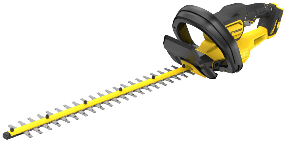 Nożyce do żywopłotu STANLEY SFMCHT655M1-QW 550mm 20V akumulatorowe nożyce na białym tle widoczne od przodu pod skosem do przycinania wyrównywania i formowania krzewów oraz średniej wysokości żywopłotów w ogrodzie pozwalają szybciej wykonać prace sezonowe ograniczyć wysiłek fizyczny