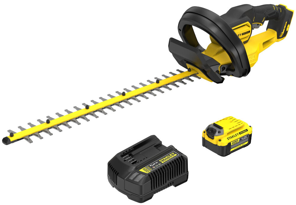 Nożyce do żywopłotu STANLEY SFMCHT655M1-QW 550mm 20V akumulatorowe zestaw na białym tle w zestawie akumulator ładowarka dokumentacja