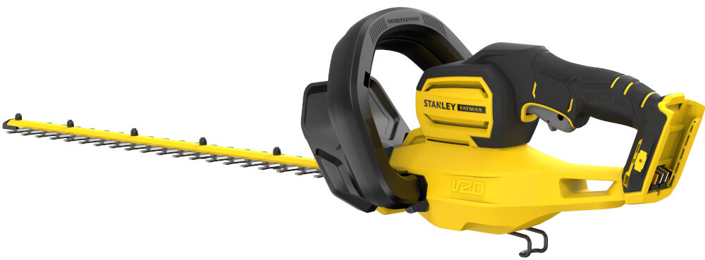 Nożyce do żywopłotu STANLEY SFMCHT655M1-QW 550mm 20V akumulatorowe nożyce na białym tle widoczne od tyłu pod skosem silnik szczotkowy stabilna moc podczas pracy nad żywopłotem narzędzie łatwe w utrzymaniu i przewidywalne w działaniu bez nagłych spadków prędkości cięcia równo i płynnie komfort i efektywność