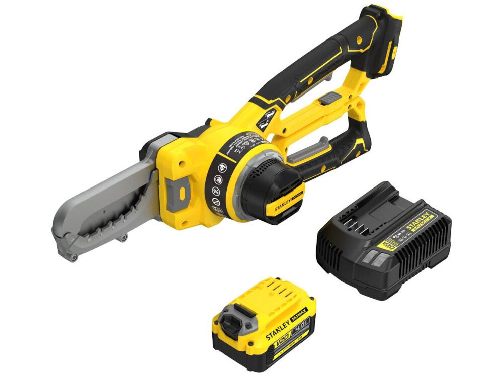 Sekator do gałęzi akumulatorowy STANLEY SFMCPS515M1-QW zestaw na białym tle w zestawie sekator akumulator ładowarka olej prowadnica łańcuch klucz dokumentacja