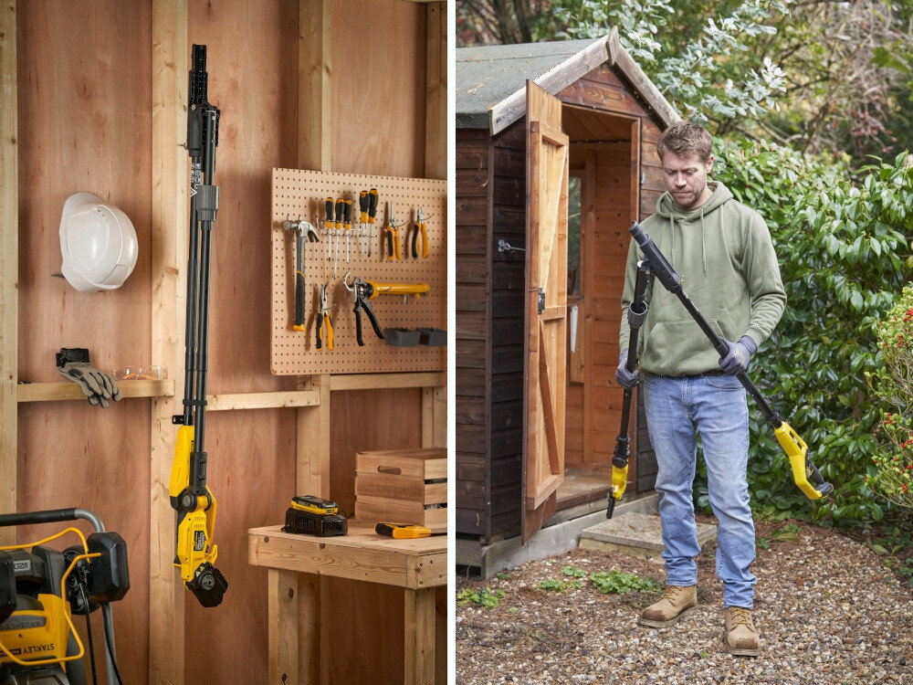 Sekator do gałęzi akumulatorowy STANLEY FatMax SFMCPP632D1-QW dwa ujęcia na jednym sekator wisi na haczyku w szopie drewniana ściana na drugim osoba stoi przed szopom w dłoni trzyma sekator w tle krzewy drzewa do pielęgnacji drzew krzewów oraz prac porządkowych w ogrodzie i sadzie cięcie gałęzi o średnicy do 32 mm zmniejsza wysiłek fizyczny przyspiesza pracę rośliny w dobrej kondycji