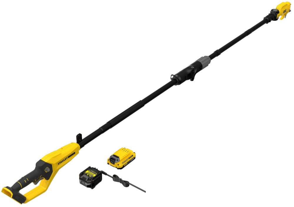 Sekator do gałęzi akumulatorowy STANLEY FatMax SFMCPP632D1-QW zestaw na białym tle w zestawie sekator akumulator ładowarka dokumentacja