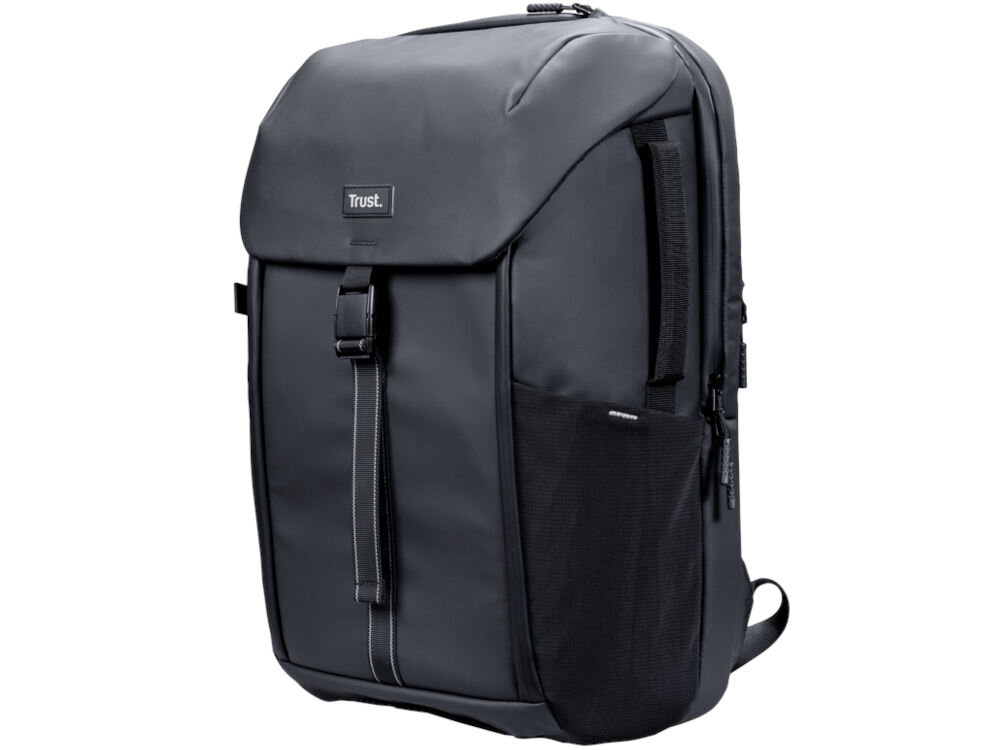 Plecak na laptopa TRUST Jersey 17 cali Czarny Zdjęcie studyjne na białym tle, przedstawiające czarny plecak Trust z rolowanym/składanym zamknięciem, zapięciem na sprzączkę i zewnętrzną siatkową kieszenią na butelkę. Idealny plecak na laptopa lub do codziennego użytku.