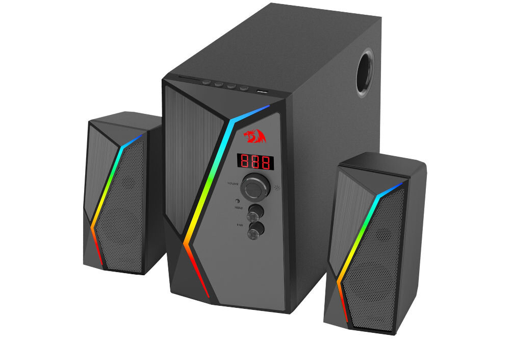 REDRAGON GS520 Anvil Pro 2.1 RGB głośniki satelitarne 10W wyraźne tony, głośniki z subwooferem po skosie na białym tle