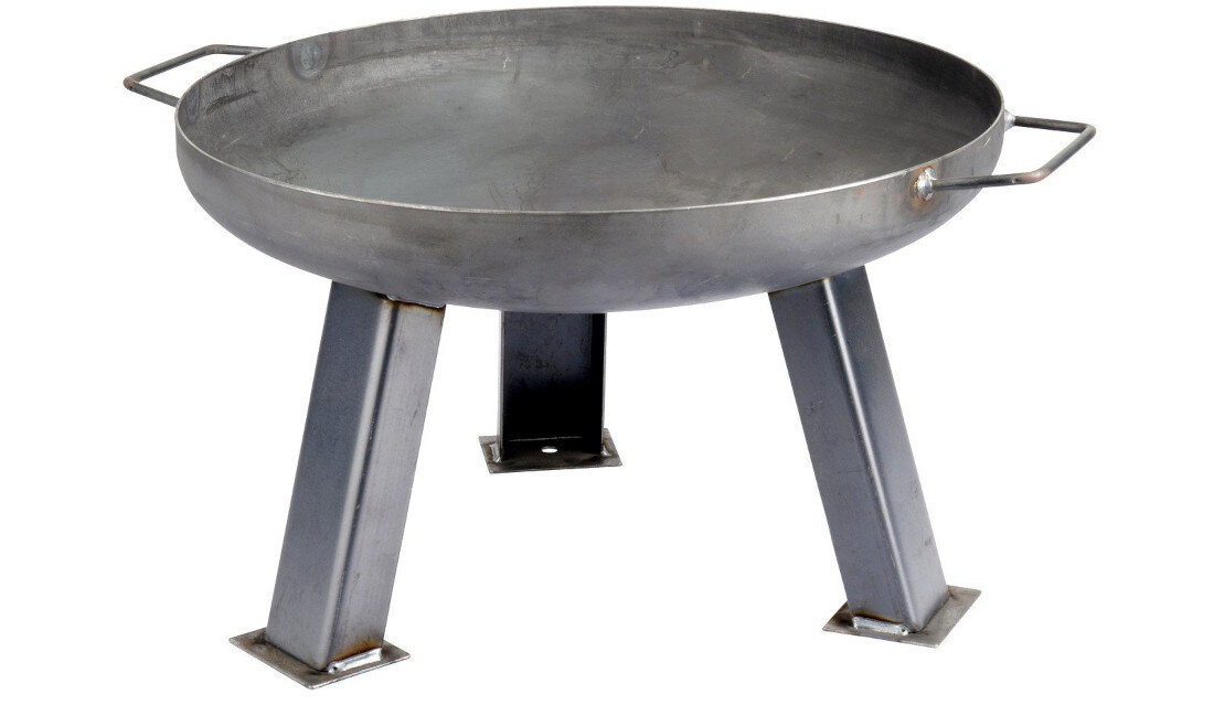 Metalowe palenisko ogrodowe z okrągłą misą i trzema solidnymi nogami. Posiada dwa uchwyty po bokach.