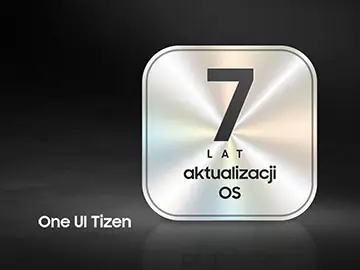 Mała grafika przedstawiająca ciemne tło gradientowe z metalicznym emblematem wyświetlającym pogrubiony tekst „7 lat bezpłatnej aktualizacji systemu operacyjnego” i „One UI Tizen” w lewym dolnym rogu.