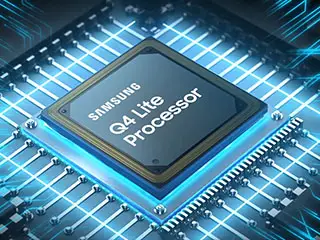 320x240q4liteprocessor Mała grafika przedstawiająca telewizor Samsung Q6F wyposażony w procesor Samsung Q4 Lite. Procesor z symbolami umieszczony jest na płycie głównej TV i zaczyna świecić, a fale energii przepływają z procesora do reszty telewizora.