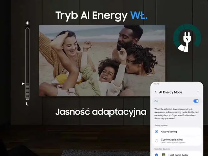 Gdy AI Energy Mode jest wyłączony, otoczenie wokół telewizora wydaje się jasne. Pojawia się ekran smartfona pokazujący AI Energy Mode i przełącza się z Wyłączone na Włączone. Po włączeniu adaptacyjnej jasności i AI Energy Mode poziom zużycia energii znacznie spada, a skala przesuwa się z dnia na noc.