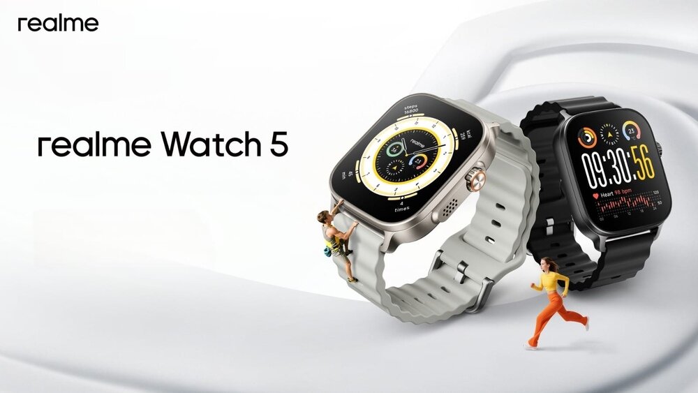 Obraz przedstawia dwa smartwatche REALME Watch 5, jeden srebrny z okrągłym wyświetlaczem, drugi czarny z prostokątnym wyświetlaczem. Widoczny jest tekst \'realme Watch 5\'.