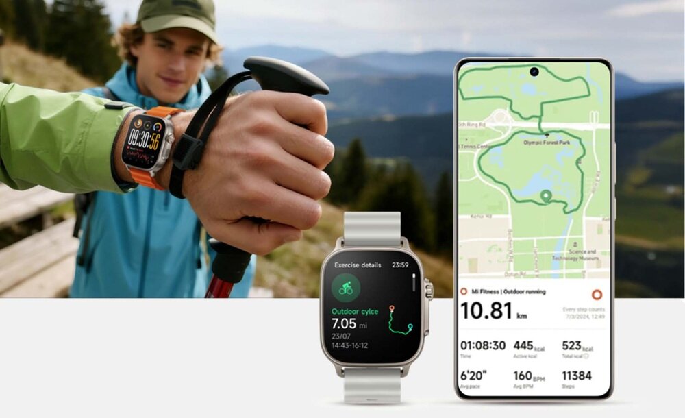 Osoba w stroju sportowym trzyma kijki trekkingowe, na nadgarstku ma smartwatch z wyświetlaczem pokazującym czas 03:30:56. Obok widoczny jest telefon z mapą i danymi dotyczącymi biegu na dystansie 10.81 km.