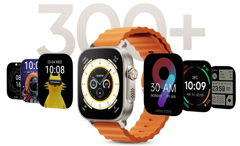 Na obrazie widoczny jest smartwatch z pomarańczowym paskiem i różnymi tarczami zegarka na wyświetlaczu. W tle znajduje się duży napis \'300+\'.
