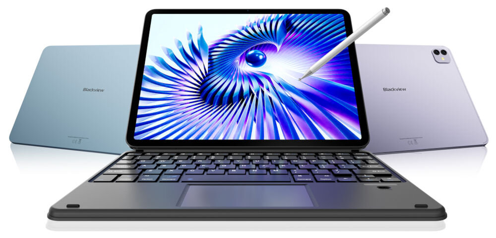 Tablet BLACKVIEW Link 8 12.7 cala 12/256 GB Wi-Fi Szary Trzy tablety Blackview w kolorach szarym, błękitnym i fioletowym, z podłączoną klawiaturą i rysikiem na ekranie wsparcie działania funkcjonalność mobilność produktywność rozrywka klawiatura rysik trzy kolory