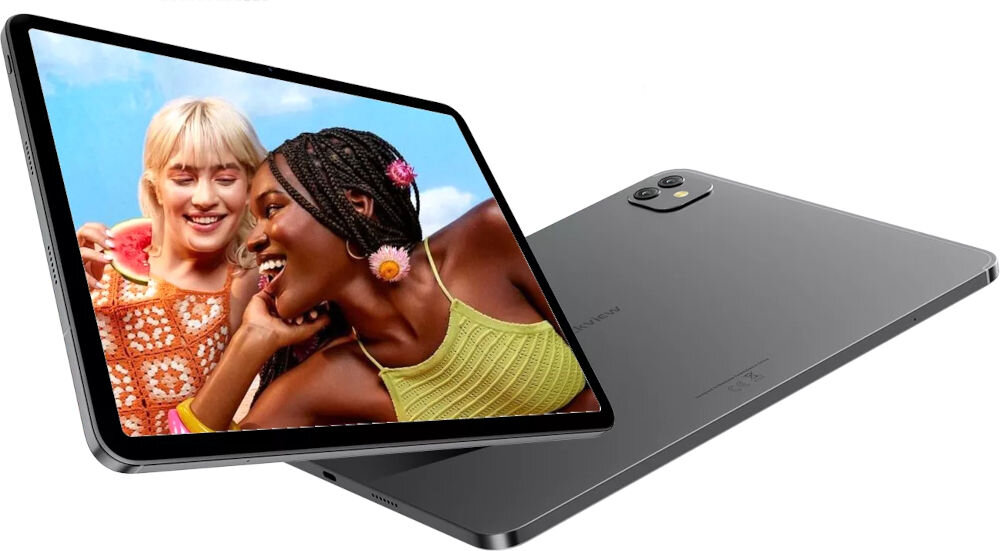 Tablet BLACKVIEW Link 8 12.7 cala 12/256 GB Wi-Fi Szary tablet Blackview (widok z tyłu) z ekranem pokazującym dwie uśmiechnięte kobiety jedzące arbuza aparat czujnik głębi skanowanie dokumentów nagrywanie filmów robienie zdjęć narzędzie do szybkiego uchwycenia ważnych momentów