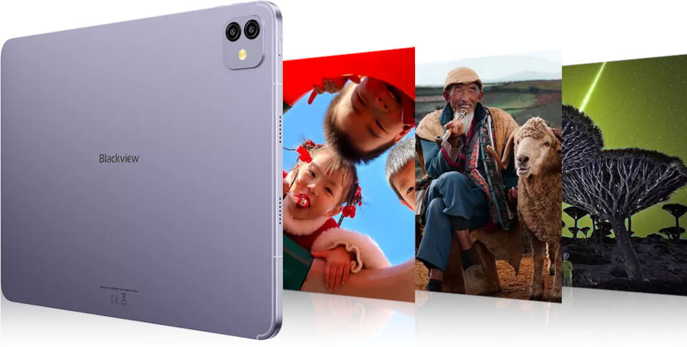 Tablet BLACKVIEW Link 8 12.7 cala 12/256 GB Wi-Fi Szary Tylny panel fioletowego tabletu Blackview obok rzędu zdjęć przedstawiających uśmiechnięte osoby, mężczyznę ze zwierzęciem oraz nocny krajobraz nagrywanie wideo Full HD zachowane detale tworzenie treści