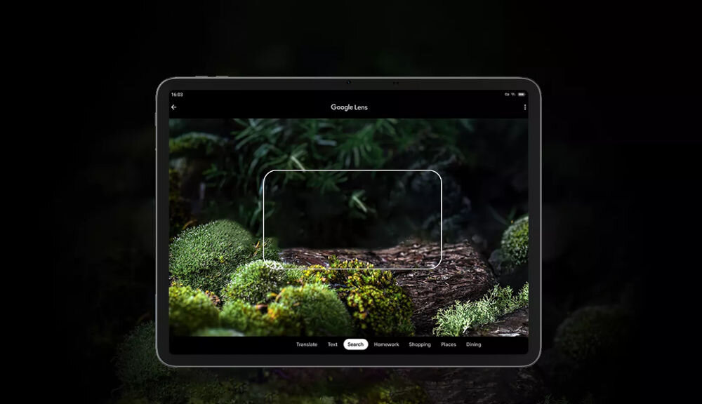 Tablet BLACKVIEW Link 8 12.7 cala 12/256 GB Wi-Fi Niebieski Ekran tabletu Blackview z uruchomioną aplikacją Google Lens w trybie 'Szukaj', analizującą mech na pniu drzewa Obiektyw Google tłumaczenie identyfikacja skanowanie kodów ułatwienie codziennych interakcji i podróży
