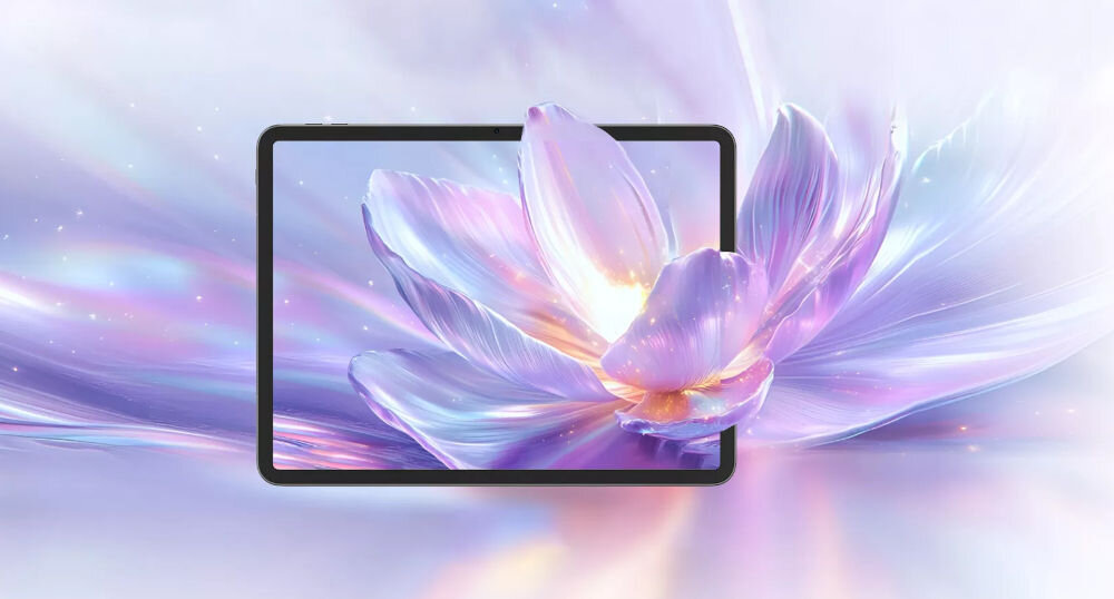 Tablet BLACKVIEW Link 8 12.7 cala 12/256 GB Wi-Fi Niebieski Front tabletu Blackview wyświetlający dynamiczną tapetę z fioletowym kwiatem, który zdaje się wychodzić poza ekran wyświetlacz częstotliwość odświeżania płynny obraz IPS jasność