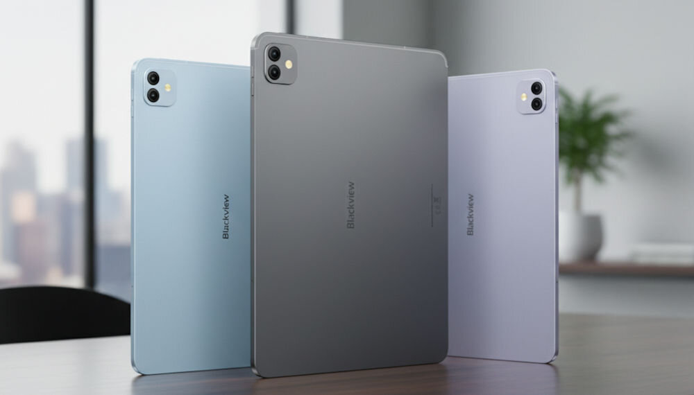 Tablet BLACKVIEW Link 8 12.7 cala 6/256 GB Wi-Fi Szary Trzy tablety Blackview w kolorach błękitnym, szarym i fioletowym, stojące na drewnianym biurku i pokazujące swoje tylne panele