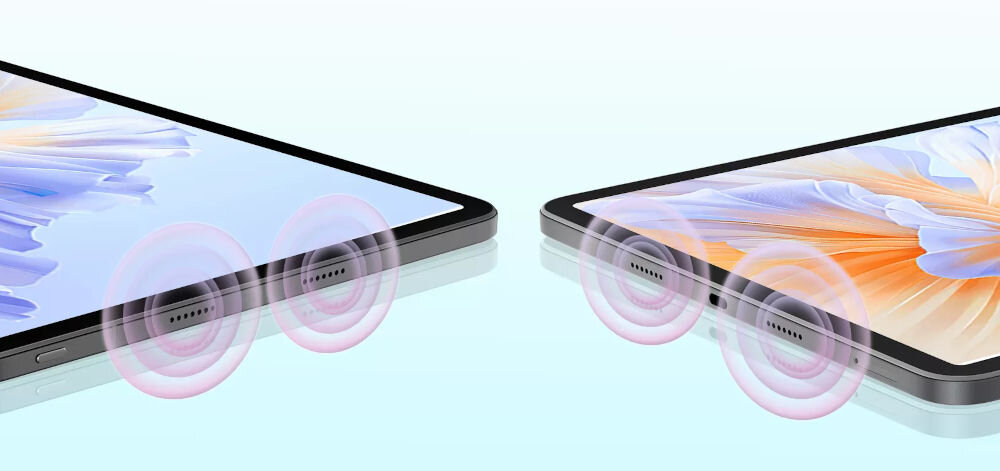 Tablet BLACKVIEW Link 8 12.7 cala 6/256 GB Wi-Fi Szary Zbliżenie na krawędzie dwóch tabletów, podkreślające głośniki stereo z graficznym efektem fal dźwiękowych głośniki stereo Smart-PA wypełnienie przestrzeni realistyczne brzmienie
