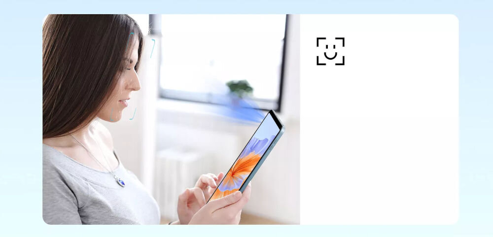 Tablet BLACKVIEW Link 8 12.7 cala 6/256 GB Wi-Fi Niebieski Kobieta odblokowująca tablet Blackview za pomocą funkcji rozpoznawania twarzy, co symbolizują linie skanujące i ikona twarzy Face Unlock rozpoznawanie twarzy szybki dostęp do urządzenia oszczędność czasu