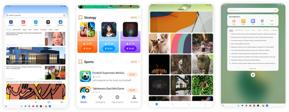 Tablet BLACKVIEW Link 8 12.7 cala 6/256 GB Wi-Fi Niebieski Cztery różne ekrany tabletu pokazujące interfejs użytkownika, w tym przeglądarkę wiadomości, sklep z grami, galerię zdjęć i kanał informacyjny system oparty na Androidzie 15 funkcje pomoc w organizacji płynne przeglądanie