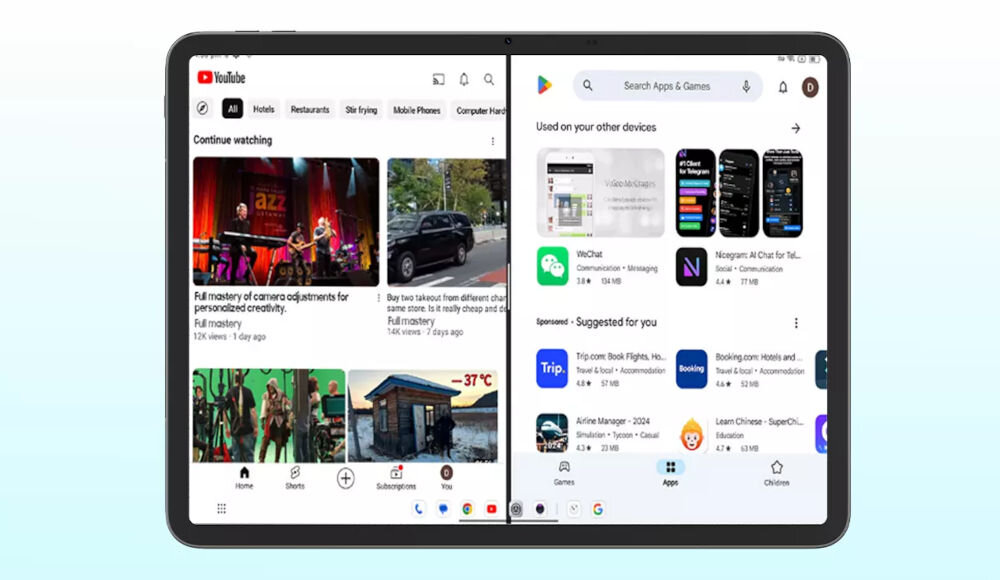 Tablet BLACKVIEW Link 8 12.7 cala 6/256 GB Wi-Fi Niebieski Ekran tabletu Blackview w trybie podzielonego ekranu, wyświetlający aplikację YouTube po lewej i Sklep Google Play po prawej stronie Split Screen 2.0 wielozadaniowość bez konieczności pauzowania dzielenie przestrzeni roboczej