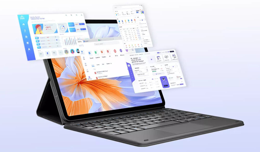 Tablet BLACKVIEW Link 8 12.7 cala 6/256 GB Wi-Fi Niebieski Tablet Blackview z etui z klawiaturą, demonstrujący funkcję wielozadaniowości z kilkoma otwartymi oknami aplikacj Multi-window PC Mode 2.0 interfejs zbliżony do komputerowych wygodne przełączanie aplikacji zarządzanie plikami produktywna praca