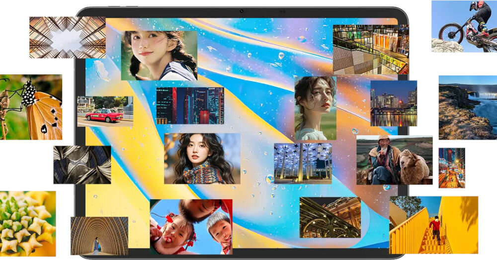 Tablet BLACKVIEW Link 8 12.7 cala 6/256 GB Wi-Fi Fioletowy Ekran tabletu Blackview wyświetlający kolaż wielu różnorodnych zdjęć, w tym portretów, przyrody, architektury i scen miejskich wbudowana pamięć wsparcie kart TF pojemność swoboda przechowywania danych