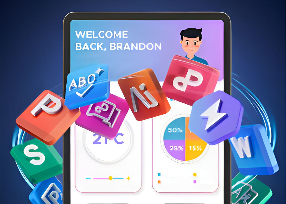 Tablet BLACKVIEW Link 8 12.7 cala 12/256 GB Wi-Fi Fioletowy Zbliżenie na ekran tabletu Blackview z interfejsem użytkownika 'Welcome Back, Brandon' i trójwymiarowymi ikonami aplikacji fabrycznie zainstalowany pakiet WPS Office zarządzanie dokumentami
