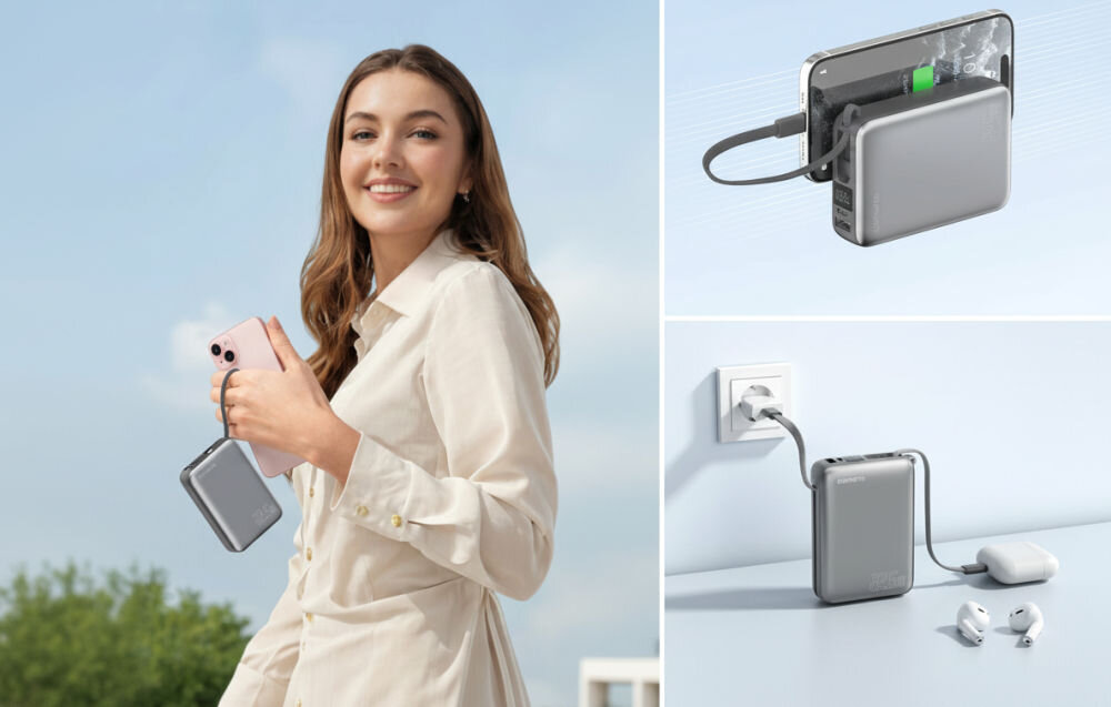 Powerbank 4SMARTS Pocket Dual Cord 20000 mAh 22.5 W - powerbank w ręce kobiety, ładujący telefon i pod ładowarką