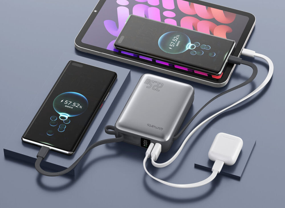 Powerbank 4SMARTS Pocket Dual Cord 20000 mAh 22.5 W dwa zintegrowane przewody USB-C, port USB-C oraz port USB-A smartfona, tabletu, smartwatcha, TWS oraz akcesoriów 321 g 10 × 7 × 2,5 cm Solidne tworzywa ABS i PC - powerbank ładujący kilka urządzeń naraz