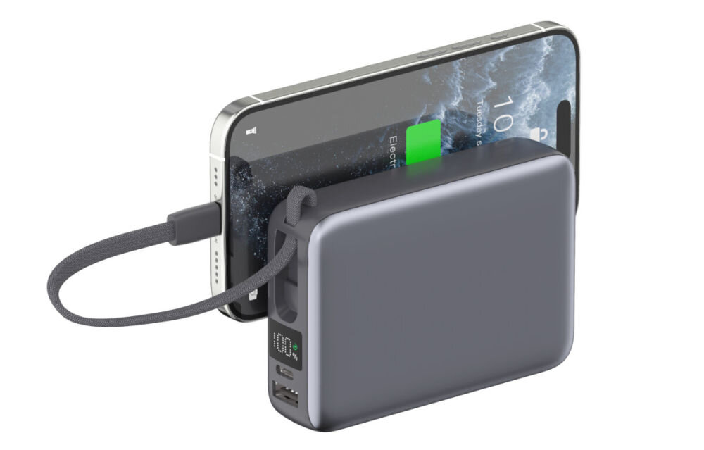 Powerbank 4SMARTS Pocket Dual Cord 20000 mAh 22.5 W 20 000 mAh USB PD, PPS, QC 3.0, Samsung AFC oraz Huawei SCP/FCP Główne przewody USB-C ładowanie przelotowe (pass-through) - powerbank ładujący telefon na białym tle