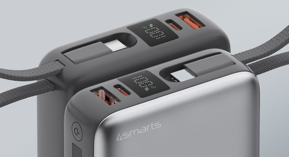 Powerbank 4SMARTS Pocket Dual Cord 20000 mAh 22.5 W Zintegrowany wyświetlacz LCD Liczne zabezpieczenia normy UE dotyczące USB PD (15–20 W) - zlbiżenie na ekran, porty itp