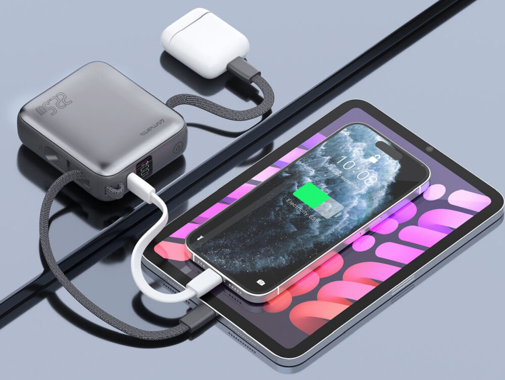 Powerbank 4SMARTS Pocket Dual Cord 10000 mAh 22.5 W - poerbank z pdołącoznymi słuchawkami, telefonem i tabletem