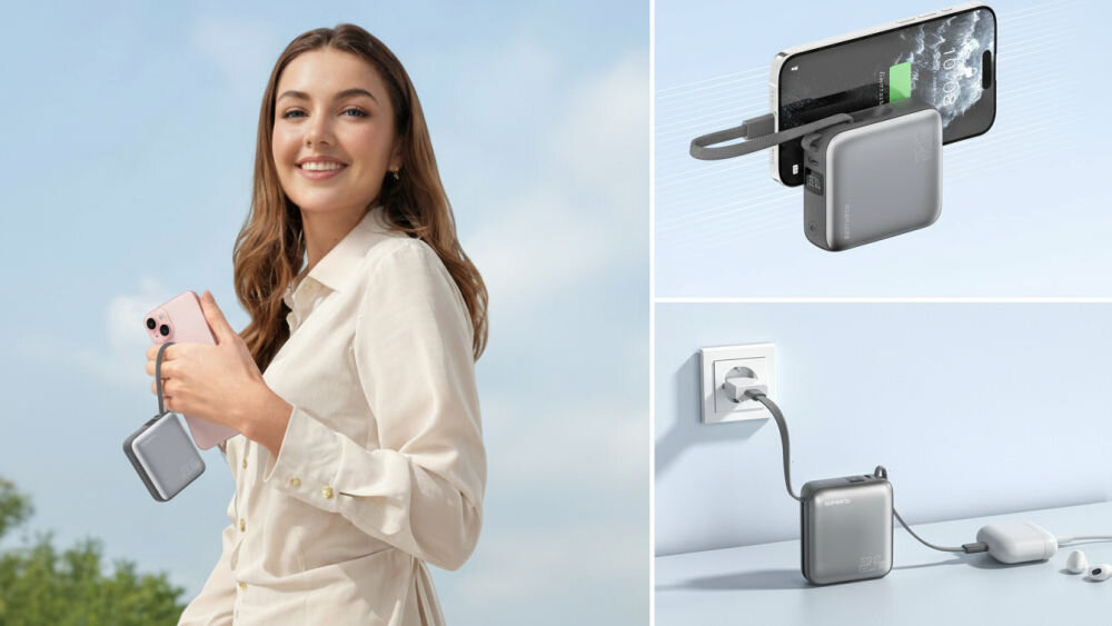 Powerbank 4SMARTS Pocket Dual Cord 10000 mAh 22.5 W 174 g 7 × 6 × 2,2 cm dwa zintegrowane przewody USB-C - powerbank w ręce kobiety, łądujący telefon i pod ładowarką