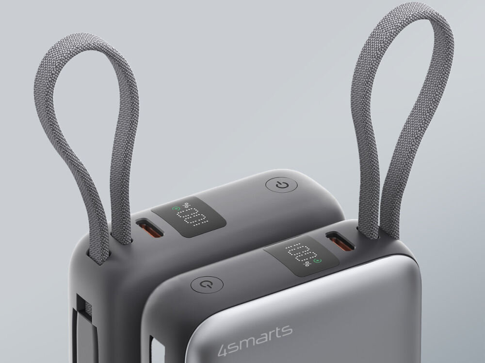 Powerbank 4SMARTS Pocket Dual Cord 10000 mAh 22.5 W Cyfrowy wyświetlacz LCD pass-through Zintegrowane zabezpieczenia - zbliżenie na ekran, port i smyczke