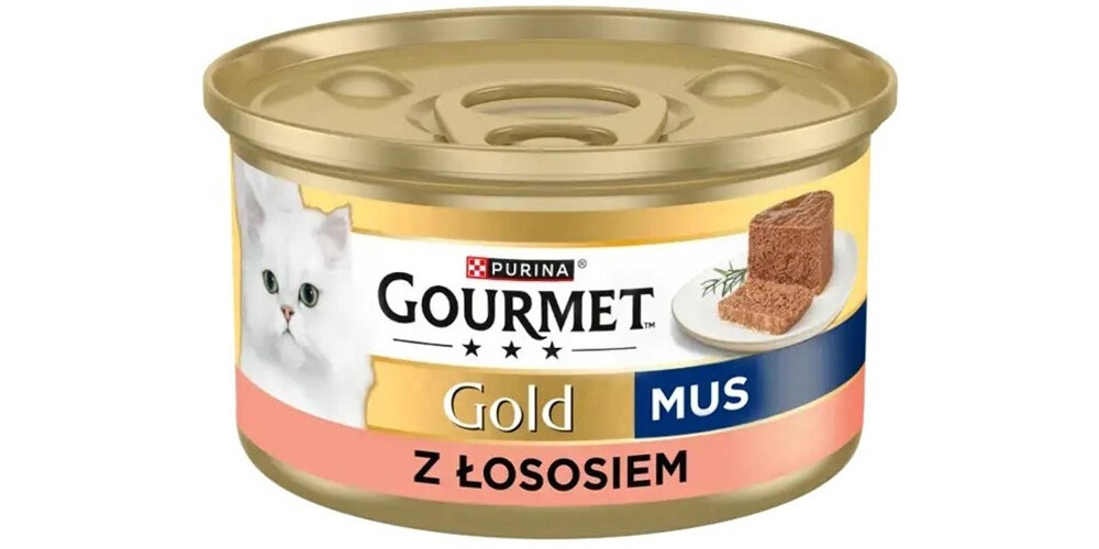 Karma dla kota GOURMET Gold Mus z łososiem 85 g puszka karmy na białym tle pełnoporcjowa karma dla dorosłych kotów wyrazisty smak mięsa delikatną, gładką konsystencją musu Aksamitna struktura