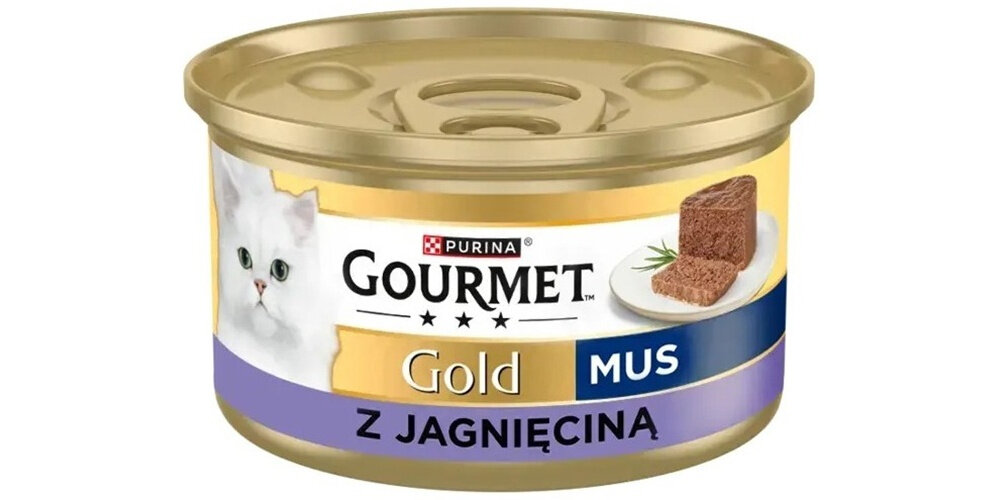 Karma dla kota GOURMET Gold Mus z jagnięciną 85 g puszka karmy na białym tle pełnoporcjowa karma dla dorosłych kotów wyrazisty smak mięsa delikatną, gładką konsystencją musu Aksamitna struktura